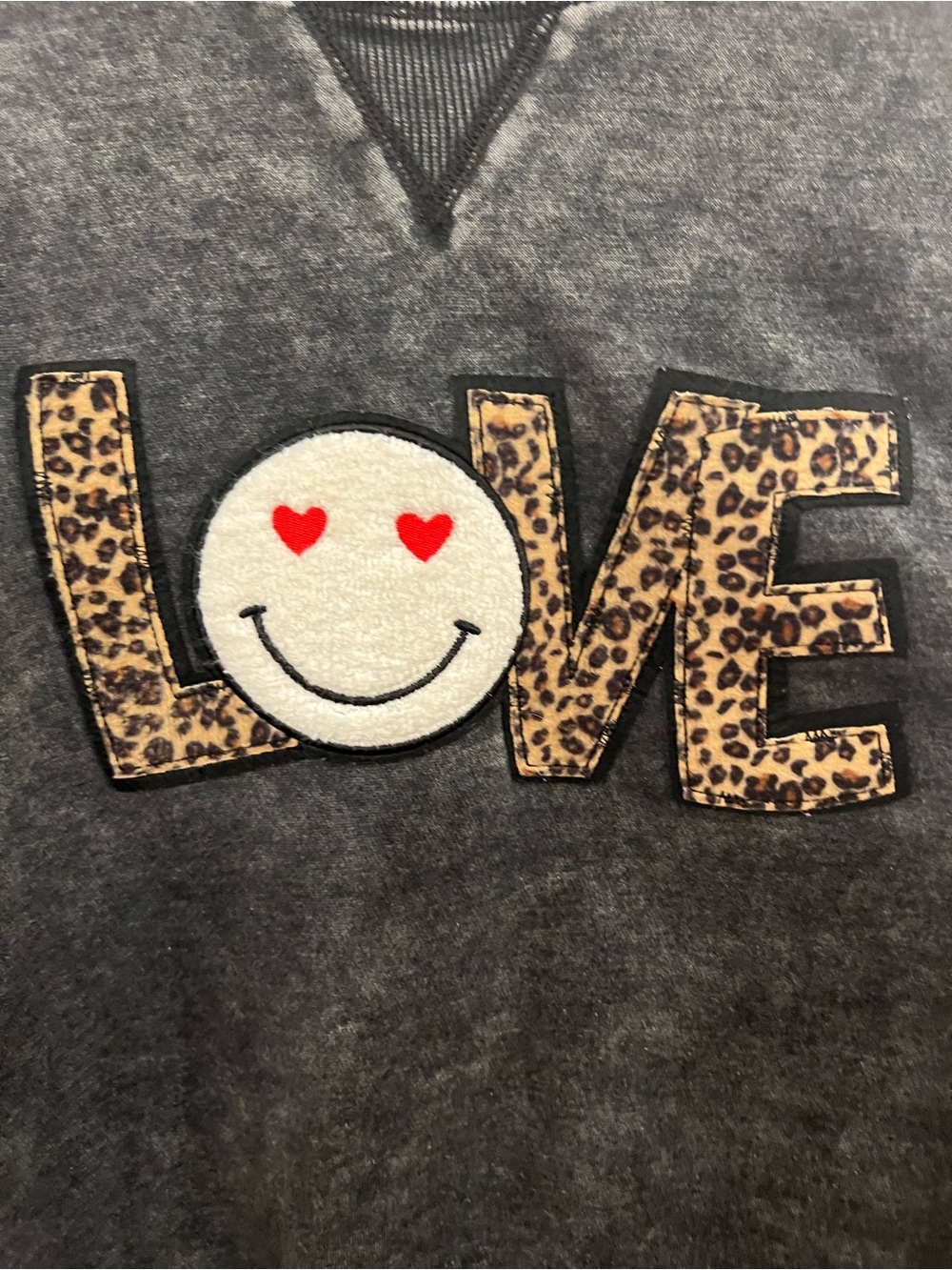 NOBO Girls' Gray Sweatshirt with Leopard LOVE Patch and Heart Eyes